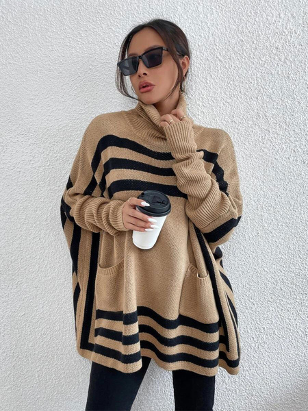 Pullovers For Women Khaki Two-Tone High Collar Long Sleeves Oversized Polyester Sweaters