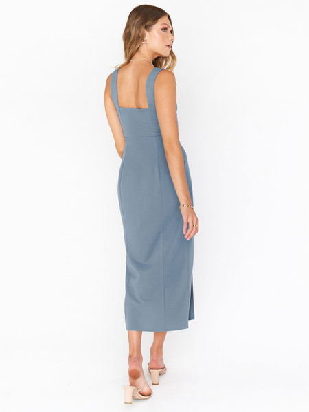 Split Front Low-slit Polyester Casual Square Neck Sleeveless Midi Dress