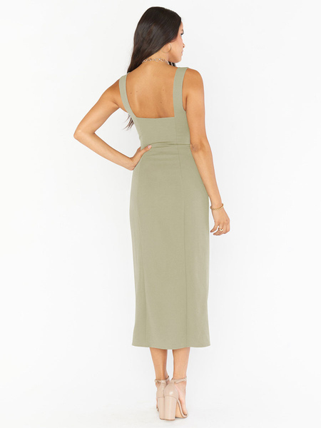 Split Front Low-slit Polyester Casual Square Neck Sleeveless Midi Dress
