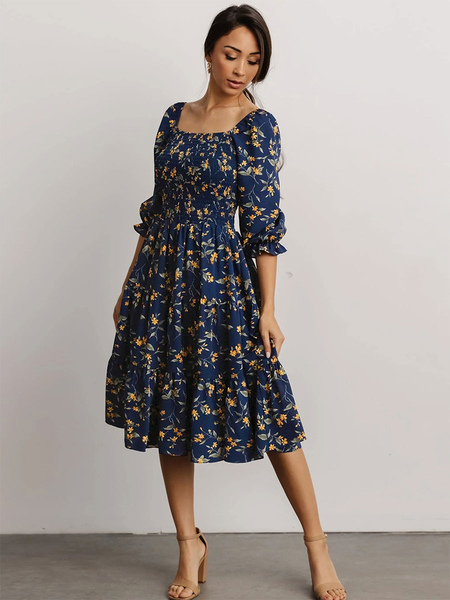 Pleated Stretch Polyester Casual Square Neck Half Sleeves Midi Dress
