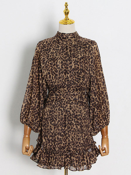 Mini Dresses Leopard 3/4 Length Sleeves Pleated Polyester Short Dress