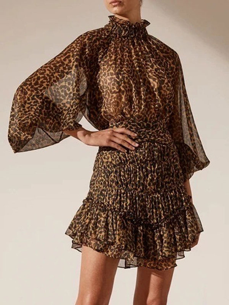 Mini Dresses Leopard 3/4 Length Sleeves Pleated Polyester Short Dress