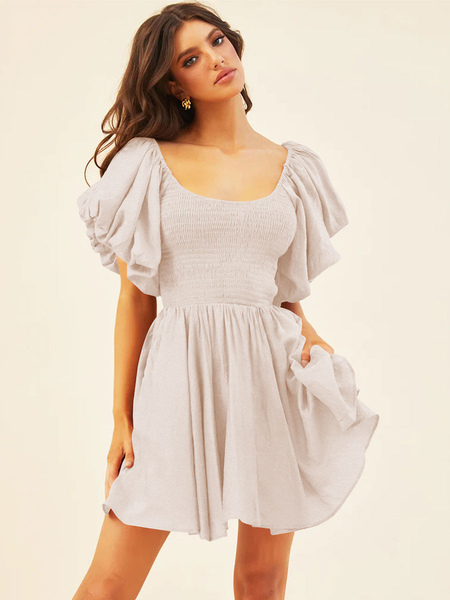 Mini Dresses Lavender Short Sleeves Pleated Polyester Short Dress