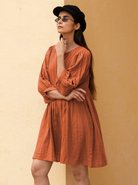 Shift Dresses Light Apricot V-Neck Pleated Polyester Fantastic Woman’s Tube Dress