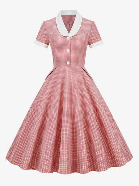 Image of Barbie Pink Gingham Dress Abito vintage a maniche corte stile Audrey Hepburn anni &#39;50