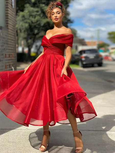 Party Dresses Red Strapless Open Shoulder Polyester Long Semi Formal Dress
