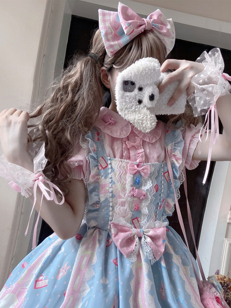 Image of Sweet Lolita Blouses Pink Maniche lunghe in pizzo Lolita Top Bow Lolita Camicia