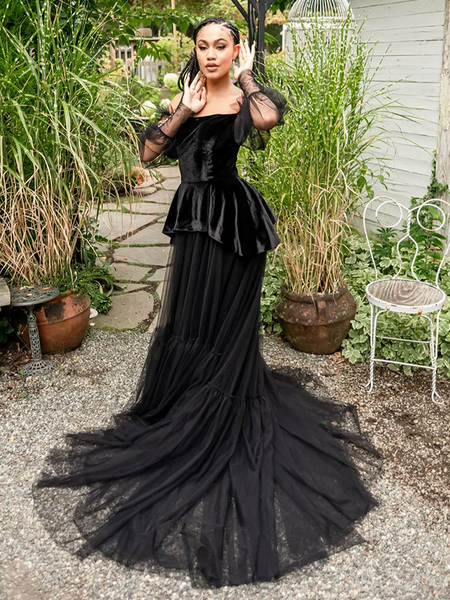 milanoo.com Black Wedding Dresses A-Line Long Sleeves Velour With Train Bridal Dress