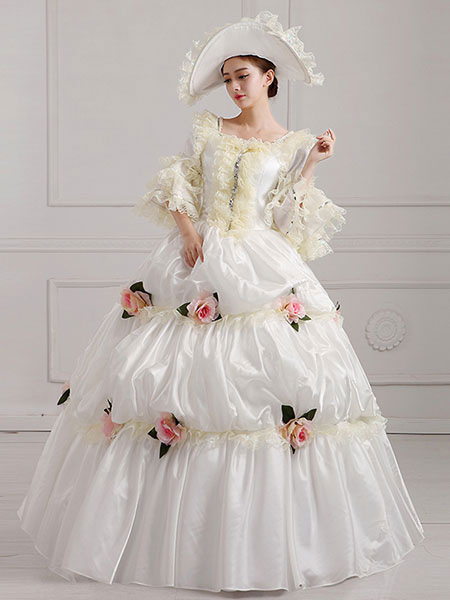 Image of Costume da abito vittoriano Abbigliamento da donna di epoca vittoriana Abito da spettacolo con scollo quadrato bianco e abito da ballo con abiti a fiori