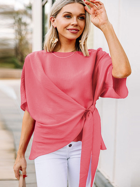 Image of Camicia per donna Top in poliestere con maniche lunghe casual con lacci annodati in rosa