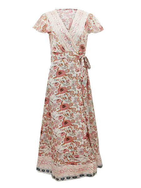 Bohemian Dresses Women Summer Tea Dress V Neck Short Sleeves Floral Print Split Beach Dress