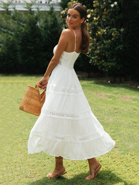 Summer Dress White V-Neck Polyester Beach Dress