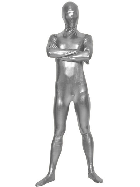 Image of Costume Carnevale Zentai metallizzato collant per adulti completo argento tinta unito in gomma metallizzata tuta unisex