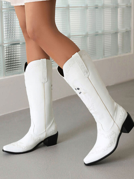 Image of Stivali da cowboy bianchi con punta a punta Stivali a metà polpaccio con tacco da cucciolo per le donne