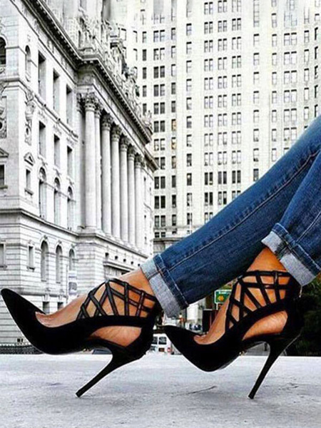 milanoo.com Black Chic High Heels Strappy Pointed Toe Stiletto Heel Pumps