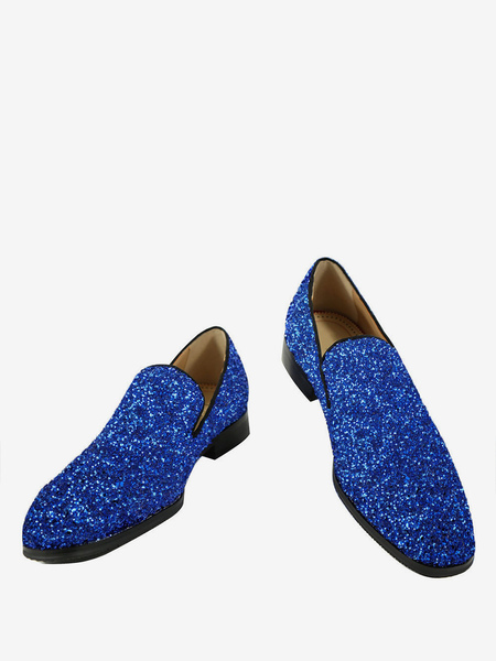 Image of Mocassini da uomo con paillettes blu glitterati  punta tonda  scarpe da sposa per feste di ballo