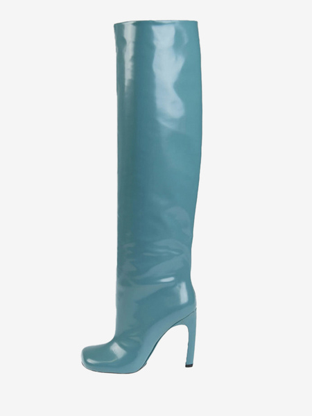 Image of Stivali alti al ginocchio in pelle verniciata con tacco curvo da donna Stivali larghi da ballo al polpaccio