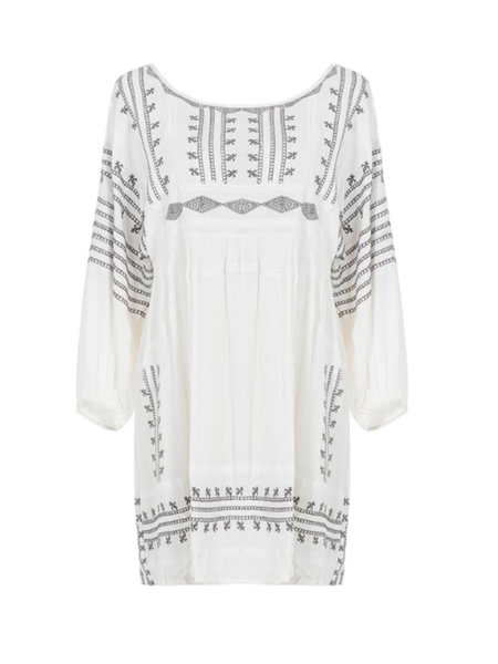 Boho Dress White Embroidered Cotton Jewel Neck 3/4 Length Sleeves Bohemian Gypsy Summer Vacation Mini Beach Dress