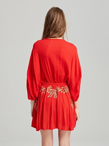 Boho Dress Red Cotton Deep V-neck Long Trumpet Sleeve Bohemian Gypsy Embroidered Vacation Spring Fall Mini Beach Dress For Women