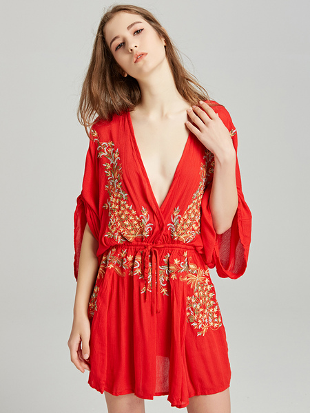 Boho Dress Red Cotton Deep V-neck Long Trumpet Sleeve Bohemian Gypsy Embroidered Vacation Spring Fall Mini Beach Dress For Women