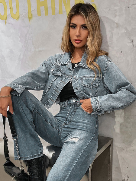 Denim Jacket Turndown Collar Cowboy Field Light Sky Blue Relaxed Fit Casual Spring Fall Outerwear For Women