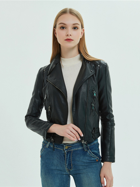 Faux Leather Moto Jackets Black Stand Collar Zip Up Boyfriend Style Rivets Lapel Slim Fit Spring Fall Biker Outerwear for Women