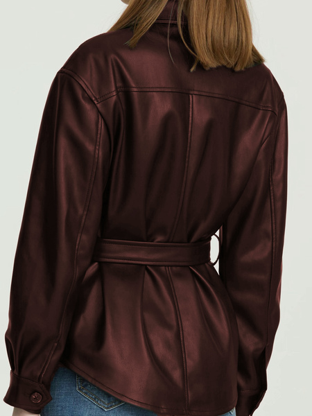 Faux Leather Shirt Jackt Burgundy PU Turndown Collar Button Casual Belt Spring Fall Street Outerwear For Women