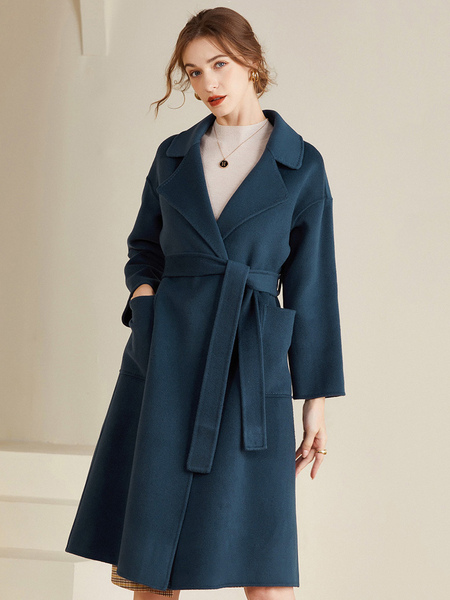 Women's Coat Wool Coat Dark Navy 100% Wool Slim Fit Lapel Overcoat Big Pockets Classic Fall Winter Midi Outerwear For Women