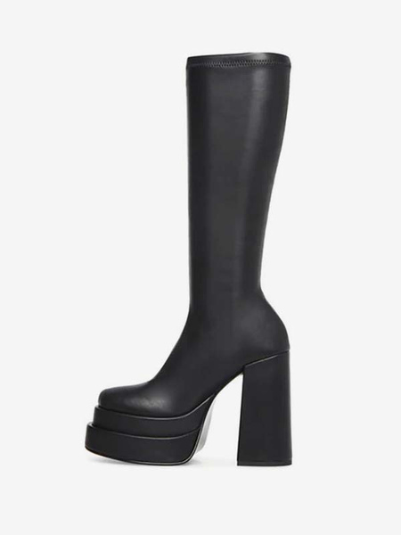 milanoo.com PU Leather Square Toe Chunky Heel Mid Calf Boots For Women