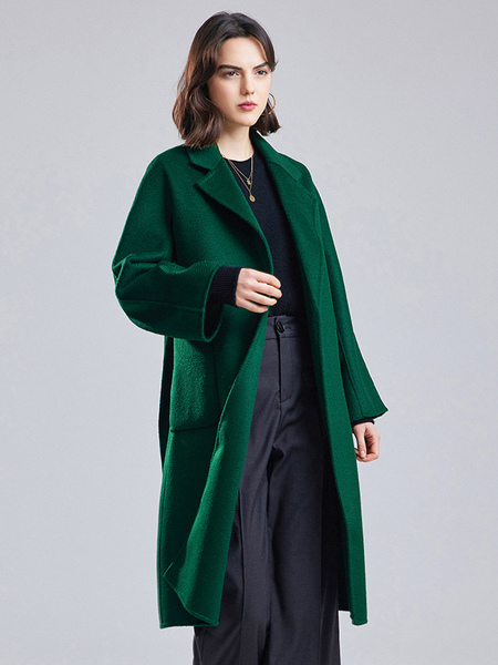 Wrap Coat 100% Australian Merino Wool Water Ripple Dark Green Lapel Relaxed Fit Pockets Classic Warm Overcoat Belted Fall Winter Midi Outerwear For Wo