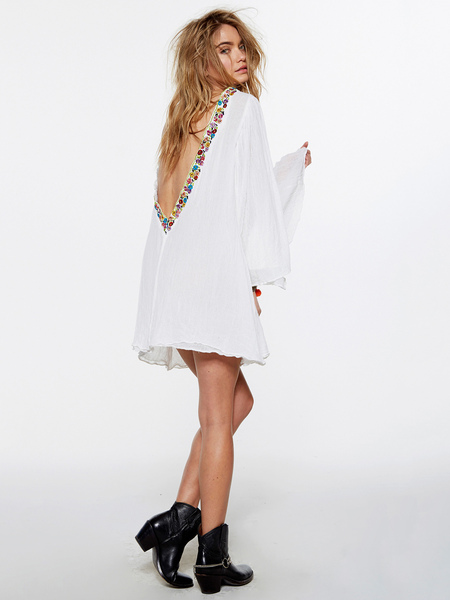 Boho Dress V-Neck Half Sleeves White Embroidered V-back Bohemian Gypsy Beach Vacation Summer Short Shift Dress For Women