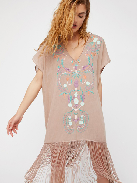 Boho Dress Embroidered V-Neck Short Sleeves Light Apricot Tassel Bohemian Gypsy Beach Vacation Summer Short Shift Dress For Women