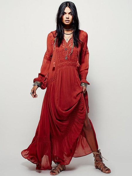 Boho Dress V-Neck Long Sleeves Red Embroidered Bohemian Gypsy Beach Vacation Spring Summer Maxi Shift Dress For Women