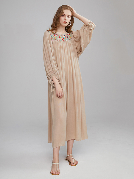 Boho Dress Light Brown Embroidered Jewel Neck 3/4 Length Sleeves Gypsy Beach Vacation Spring Summer Midi Dress For Women