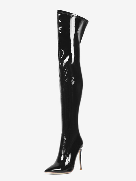 Image of Stivali sopra il ginocchio Stivali alti alla coscia in pelle nera a punta con tacco a spillo in pelle nera