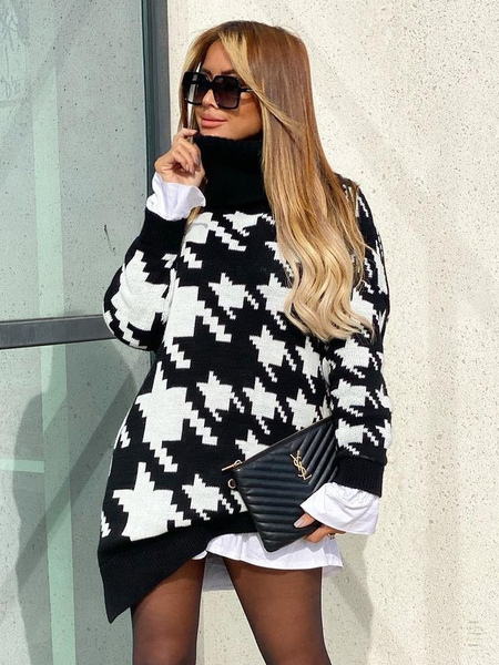 Women Pullover Sweater Black Geometric High Collar Long Sleeves Polyester Sweaters