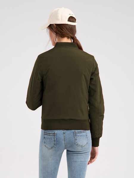 Bomber Jacket Hunter Green Casual Baseball Jacket Solid Color Stand Collar Zipper Spring Fall Cotton Filled Street Outerwear For Women