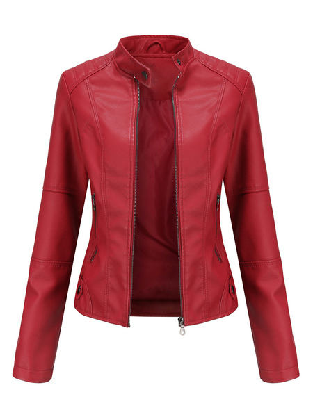Faux Leather Moto Jacket Stand Collar Zipper Red Solid Color PU Spring Fall Biker Outerwear For Women