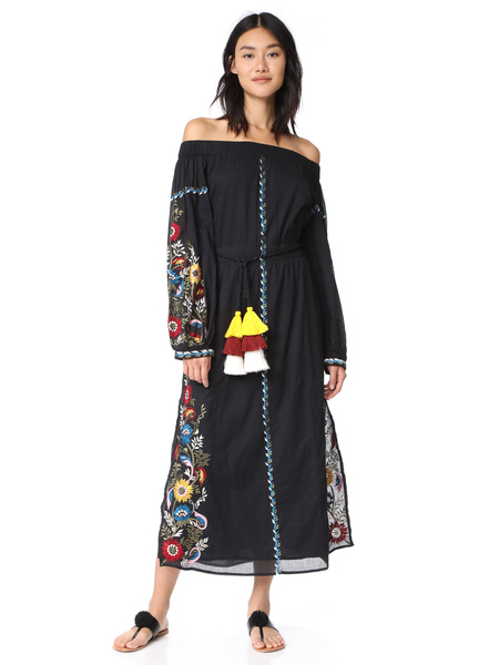 Boho Dress Off-shoulder Long Sleeves Embroidered Bohemian Gypsy Beach Vacation Jewel Neck Black Spring Summer Midi Dress For Women