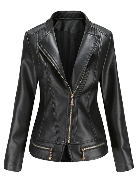 PU Leather Moto Jacket Zip Up Spring Biker Outerwear For Women
