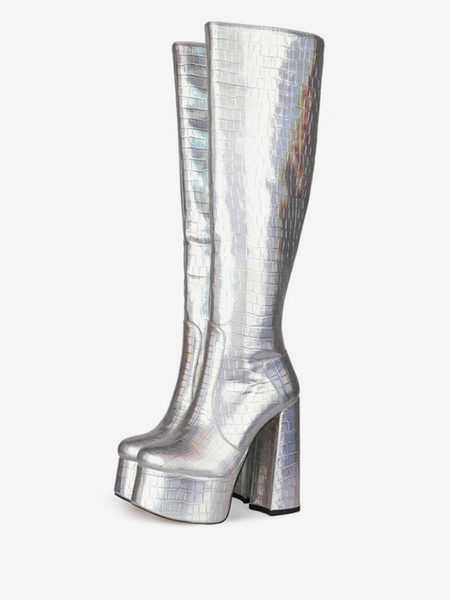 Image of Stivali al ginocchio in pelle argento Punta tonda in pelle lucida Tacco grosso Stivali al ginocchio da donna abbaglianti