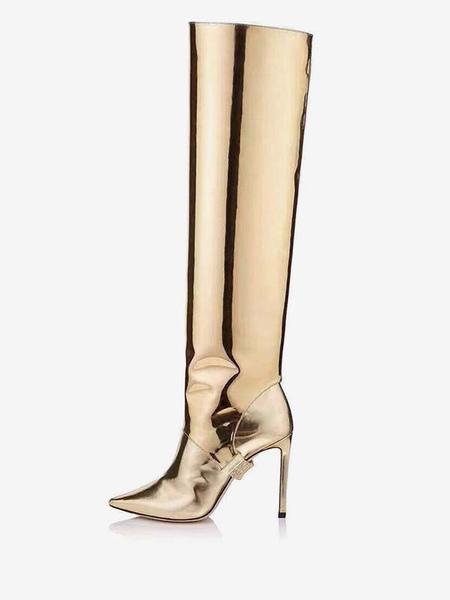 Image of Stivali alti al ginocchio convertibili dorati Stivali da ballo al ginocchio in pelle lucida con specchio metallico