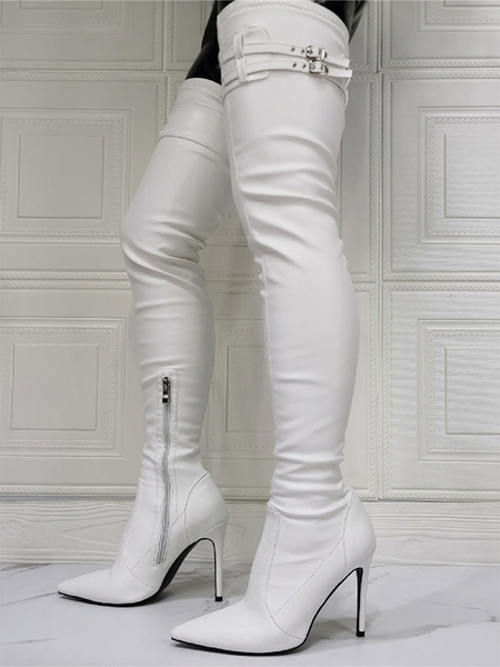 Image of Stivali sopra il ginocchio da donna Stivali alti alla coscia bianchi in pelle PU con tacco a spillo taglie forti