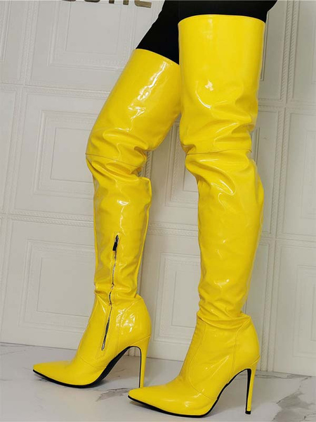 Image of Stivali sopra il ginocchio con tacco a spillo taglie forti da donna Stivali alti alla coscia in PU vernice gialla