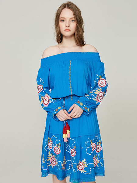 Boho Dress Off-shoulder Blue Long Sleeves Embroidered Bohemian Gypsy Beach Vacation Jewel Neck Tassel Spring Summer Midi Dress For Women