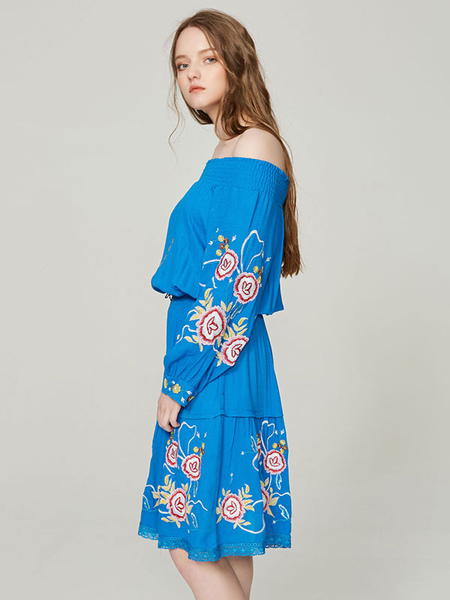 Boho Dress Off-shoulder Blue Long Sleeves Embroidered Bohemian Gypsy Beach Vacation Jewel Neck Tassel Spring Summer Midi Dress For Women