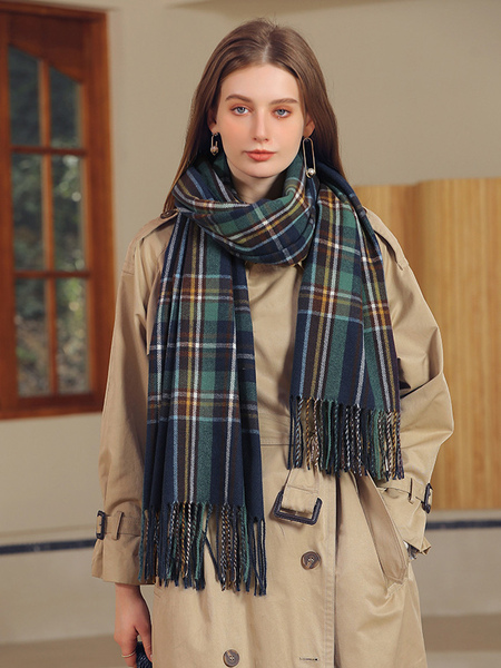 Image of Sciarpa da donna con frange scozzesi in fibra di poliestere Sciarpe lunghe calde invernali