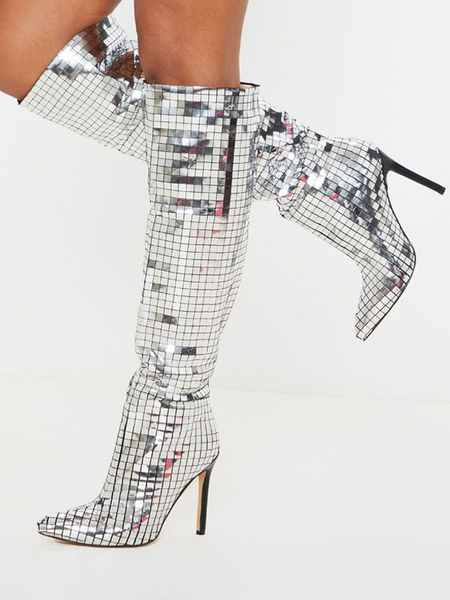 Image of Stivali da festa da ballo con tacco alto in pelle lucida al ginocchio con palla da discoteca a specchio da donna