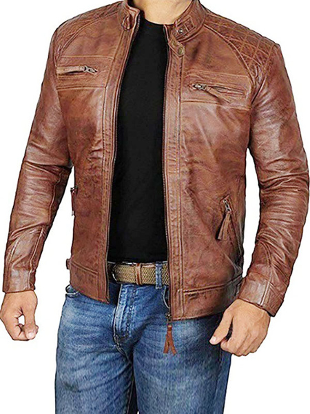 Leather Jacket For Men Casual Moto Fall Coffee Brown Cool Slim Fit Leather Coats