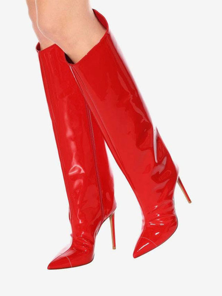 Image of Stivali alti al ginocchio rossi Stivali al ginocchio con tacco a spillo in pelle lucida a punta per donna